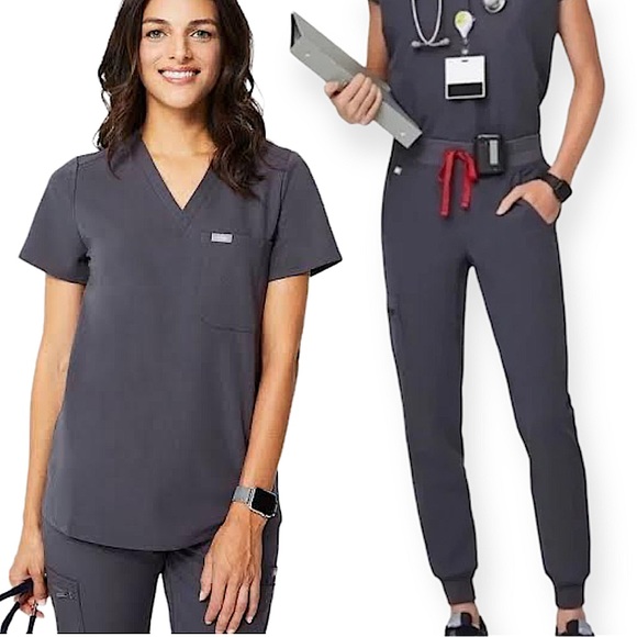 Figs Pants - Figs Set Zamora Jogger Pants & Catarina Top Scrubs Charcoal Gray Red Size XXS